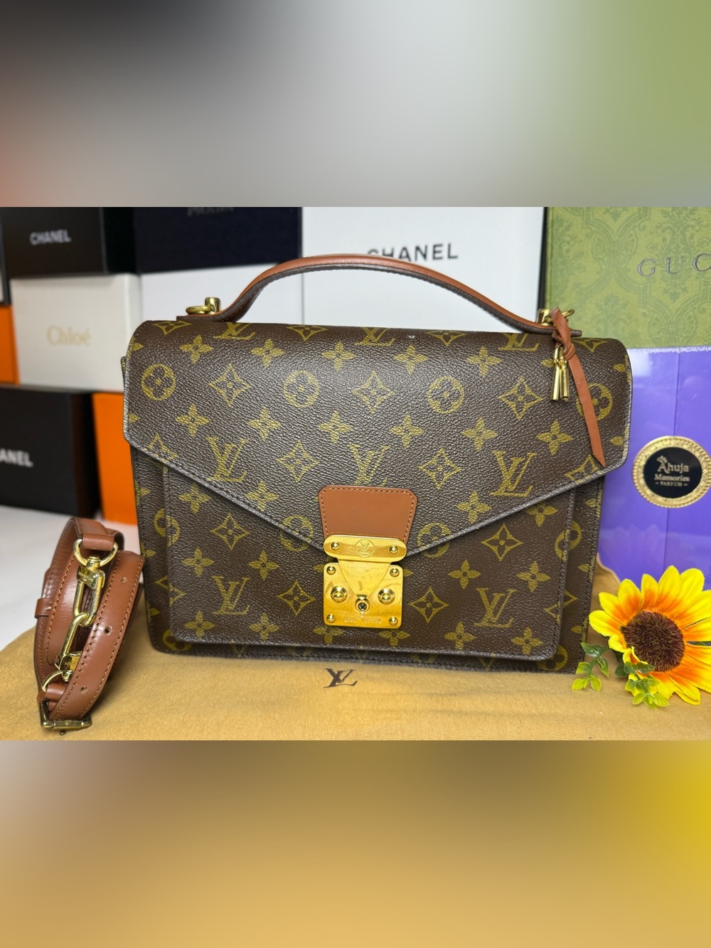 LOUIS VUITTON w/ COA Brown Monogram Medium Crossbody Satchel with Gold Hardware - Picture 10 of 17